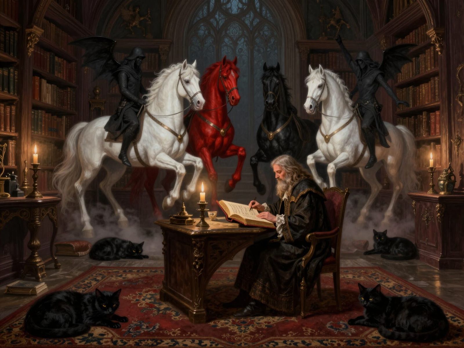 Nostradamus in Gothic Library with Four Horsemen of Apocalyp...