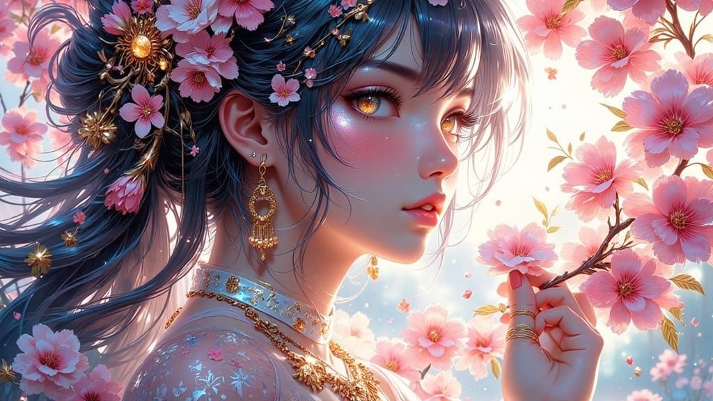 Serenely Elegant Woman in Cherry Blossom Paradise