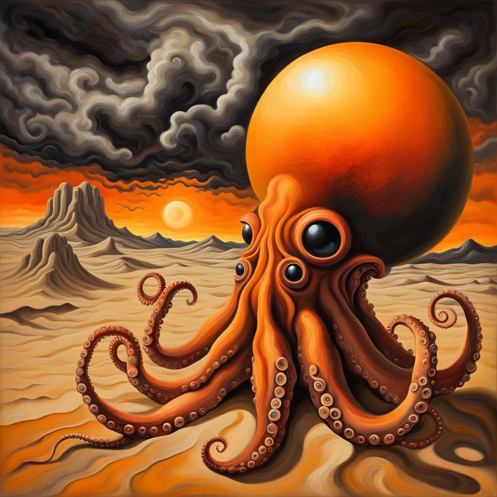 Human-Headed Octopus in Surreal Desert Landscape
