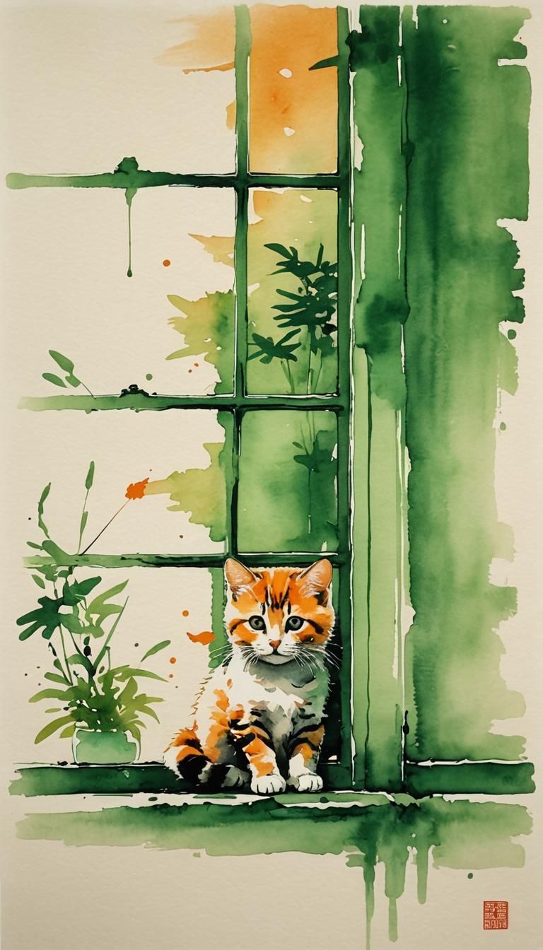 Minimalist Kitten at Window in Chinese Ink Style