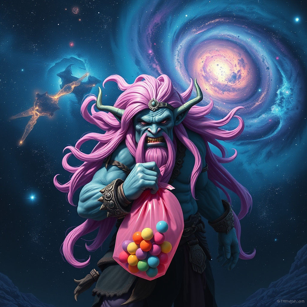 Orc Warrior with Pink Hair and Lolly Bag in Space