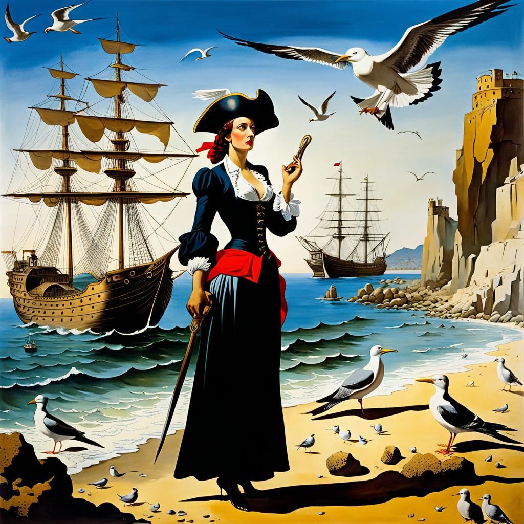 Pirate Woman on Rocky Beach in Dali Style