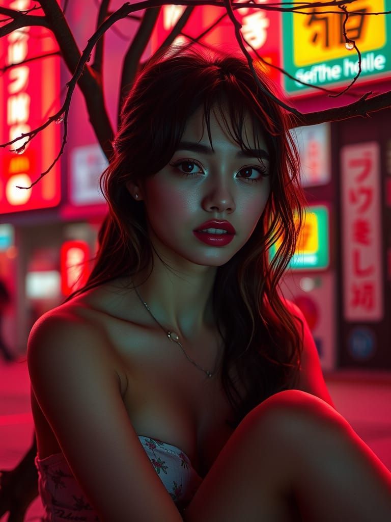 Ethereal Portrait of a Young Woman Under Tokyo-Inspired Neon...