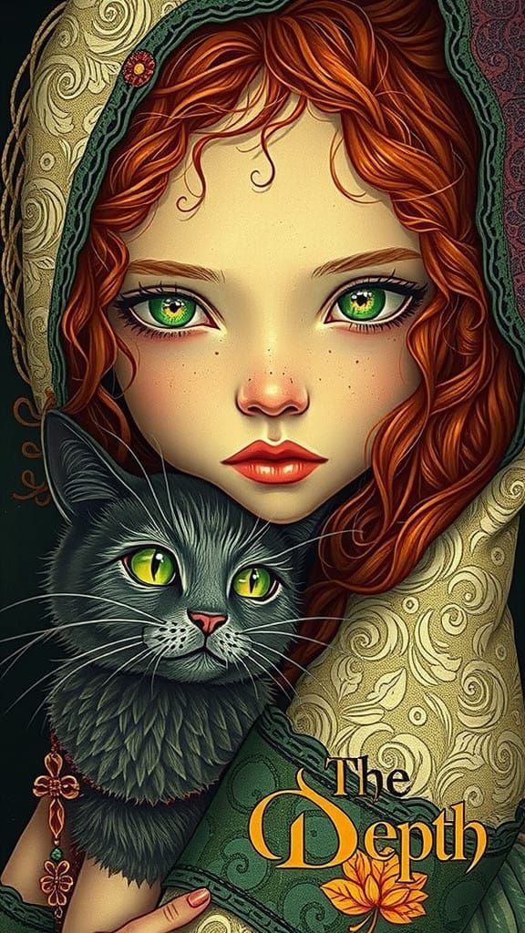 Whimsical Ginger Girl with Black Cat in Elegant Setting