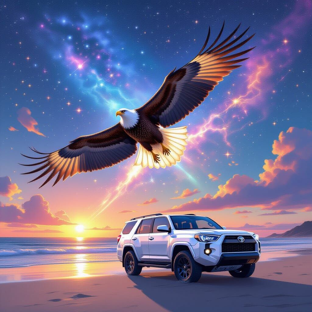 Cybernetic Eagle Soaring Through Starry Nebula