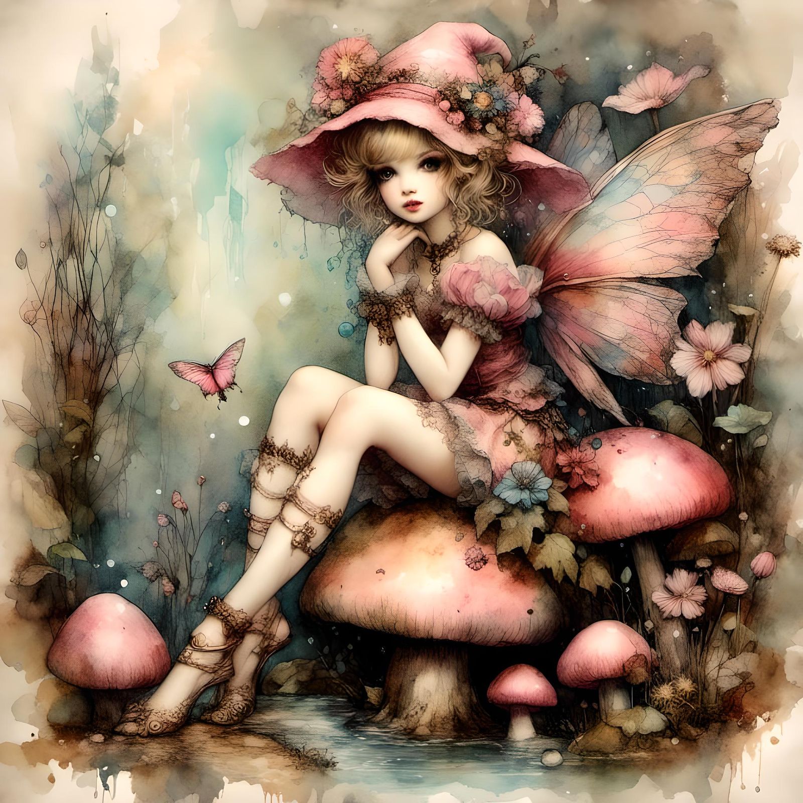 Cute Pixie on Mushroom in Watercolor and Oil