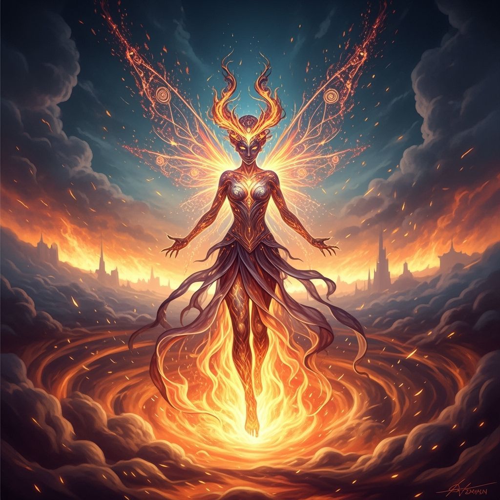 Ethereal Fire Fairy Emerges from Fiery Inferno