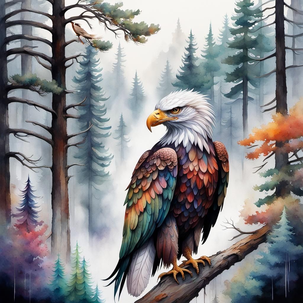 Eagle Feather Watercolor Landscape: Intricate Nature Art