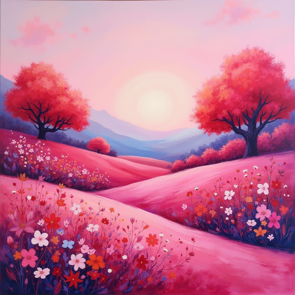 Lush Pink Landscape in Gouache Impasto Style