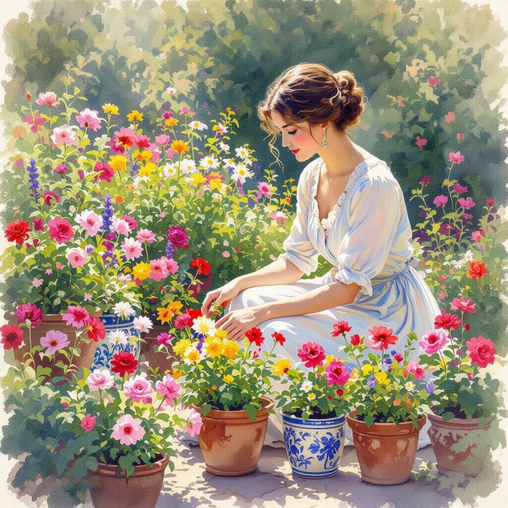 Impressionist Woman in a Vibrant Flower Garden