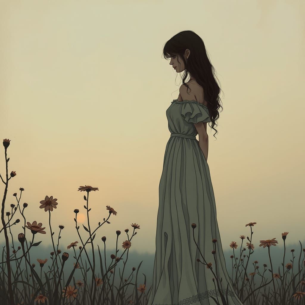 Melancholic Woman in Fading Twilight, Nostalgic Longing