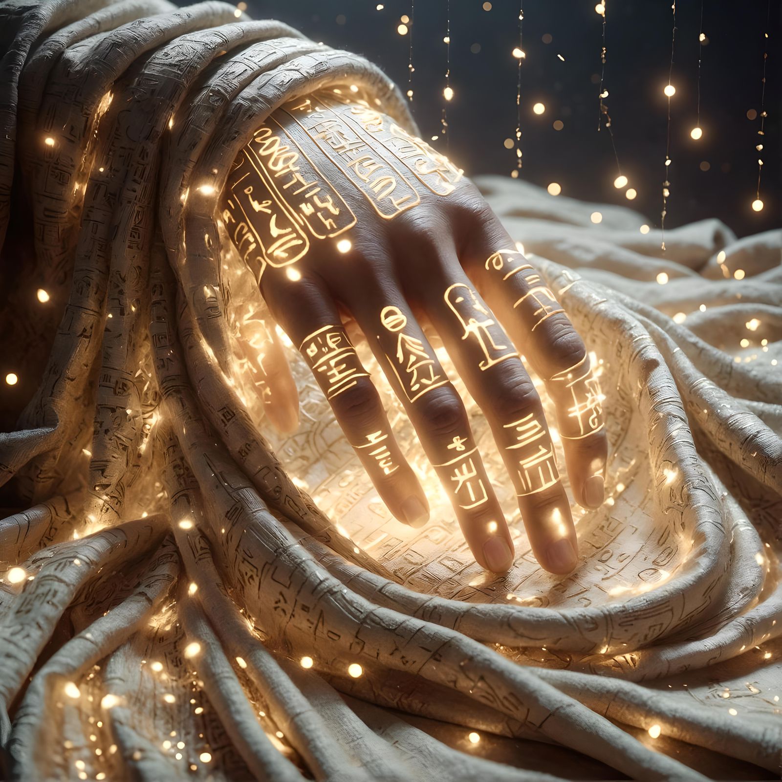 Hand Wrapped in Linen Cloth with Glowing Hieroglyphs