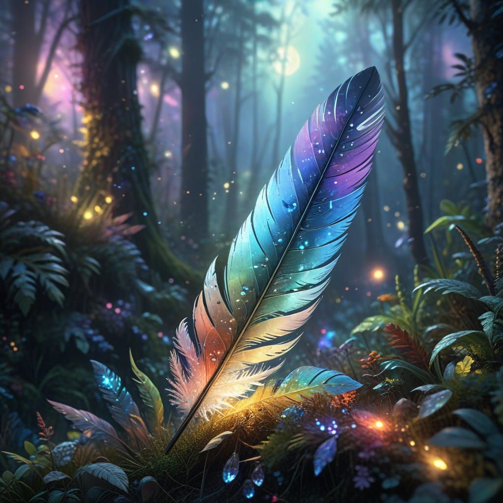 Rainbow Opal Feather in Moonlit Mythical Forest