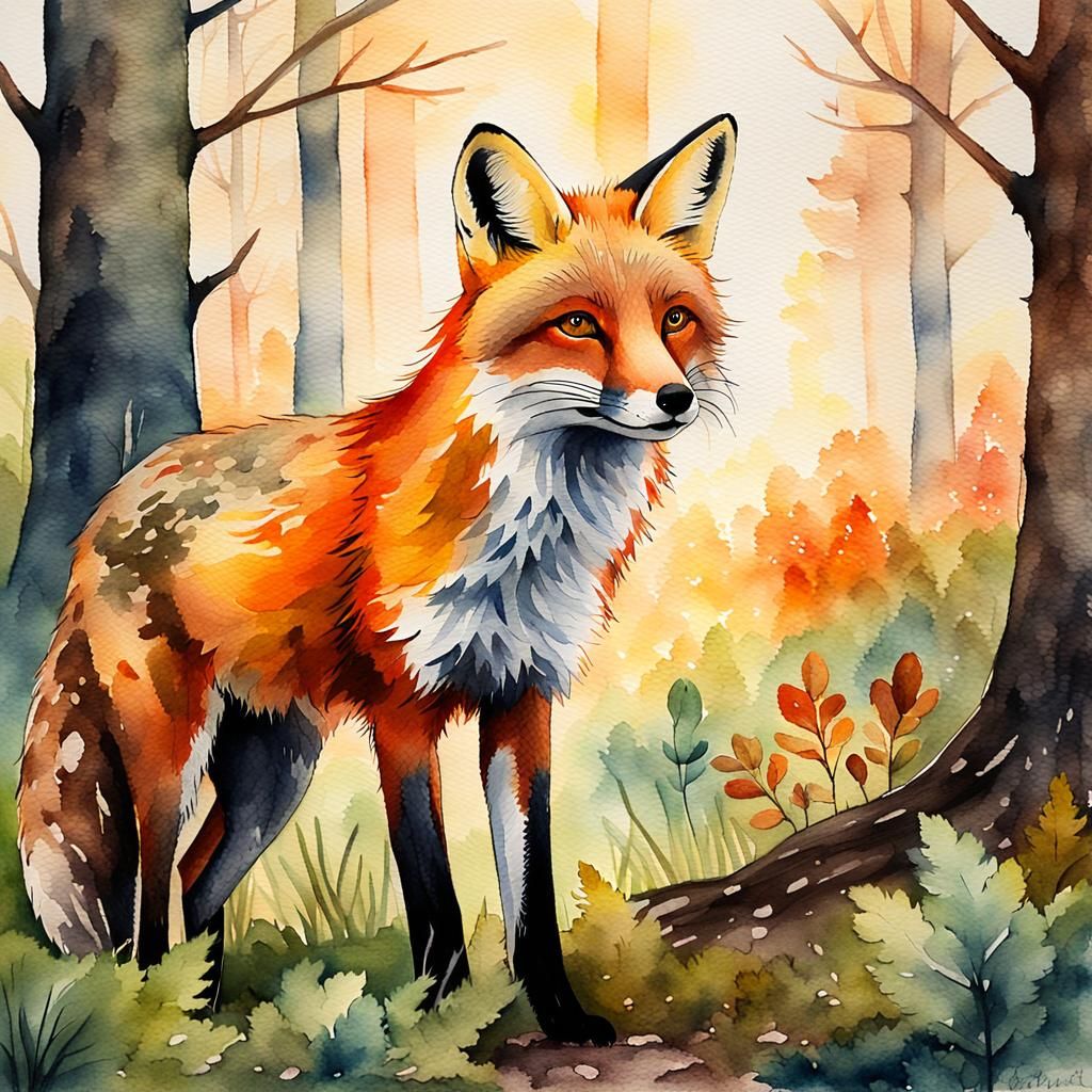 Whimsical Watercolour Fox in Forest Clearing