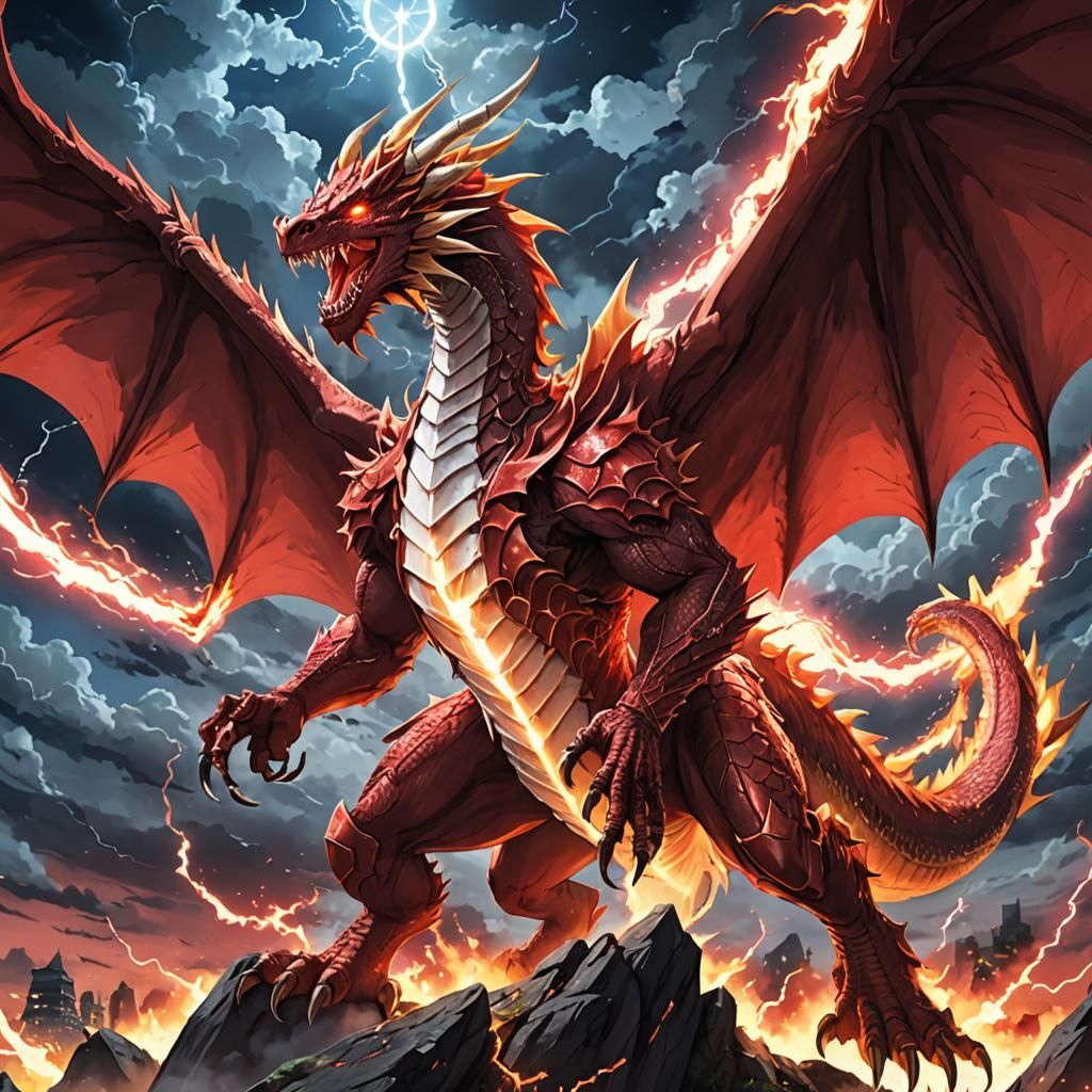 Red and White Dragon Unleashes Lightning: Anime Style