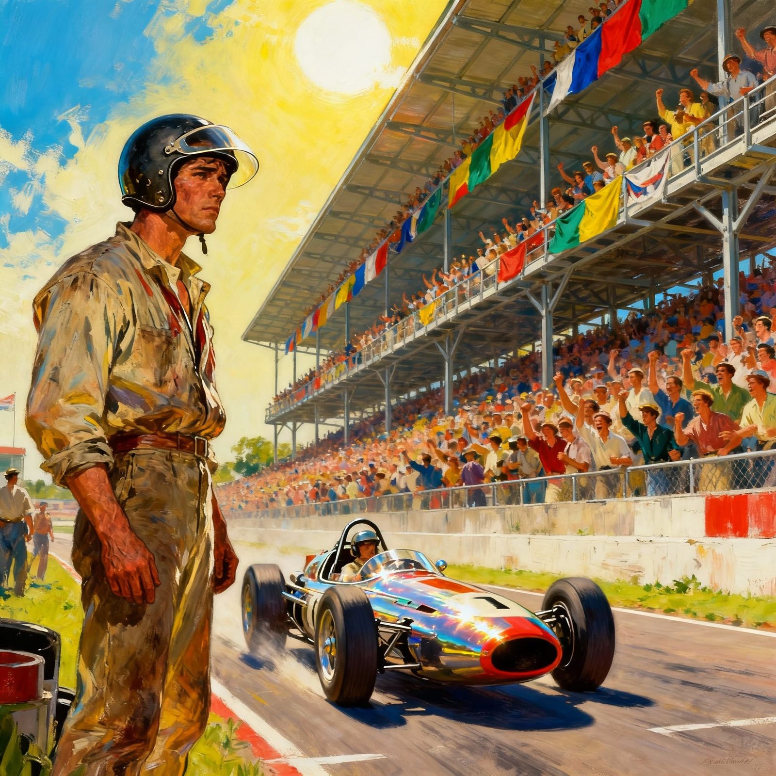 1950s Racecar Driver and Grandstand in Pulp Style