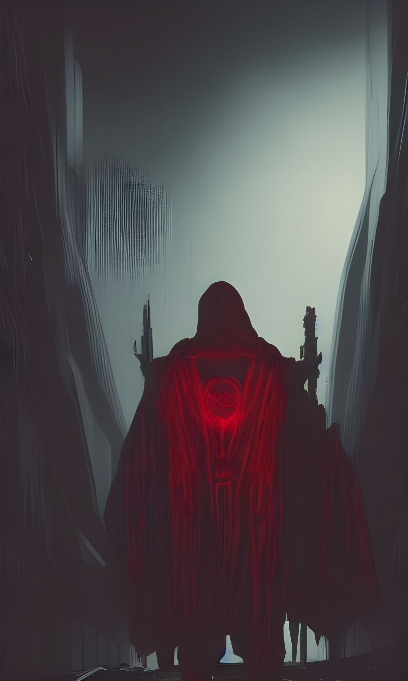 Cyberpunk Figure in Red Cloak, Detailed Digital Art