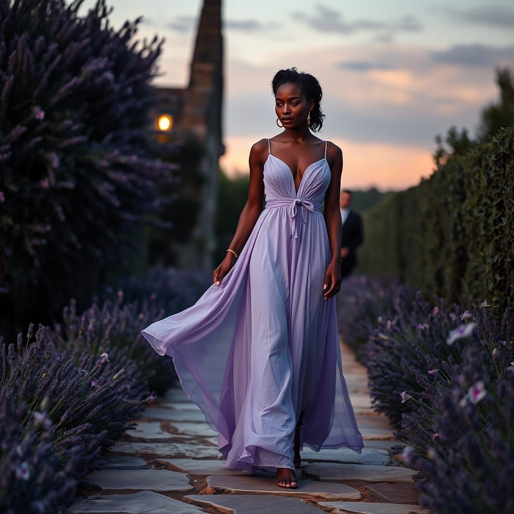Lavender Gown in Mediterranean Garden at Dusk