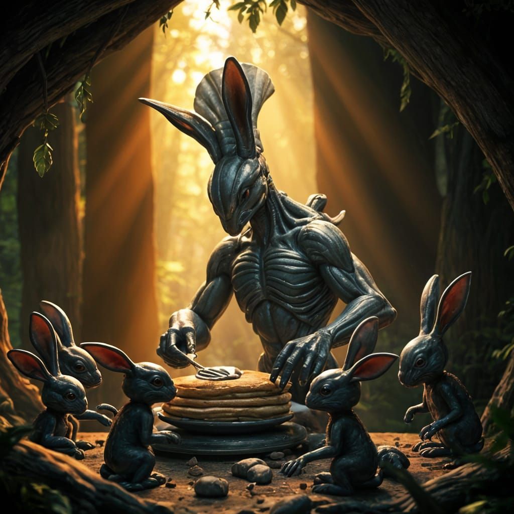 Alien Rabbit Family Making Pancakes in Forest