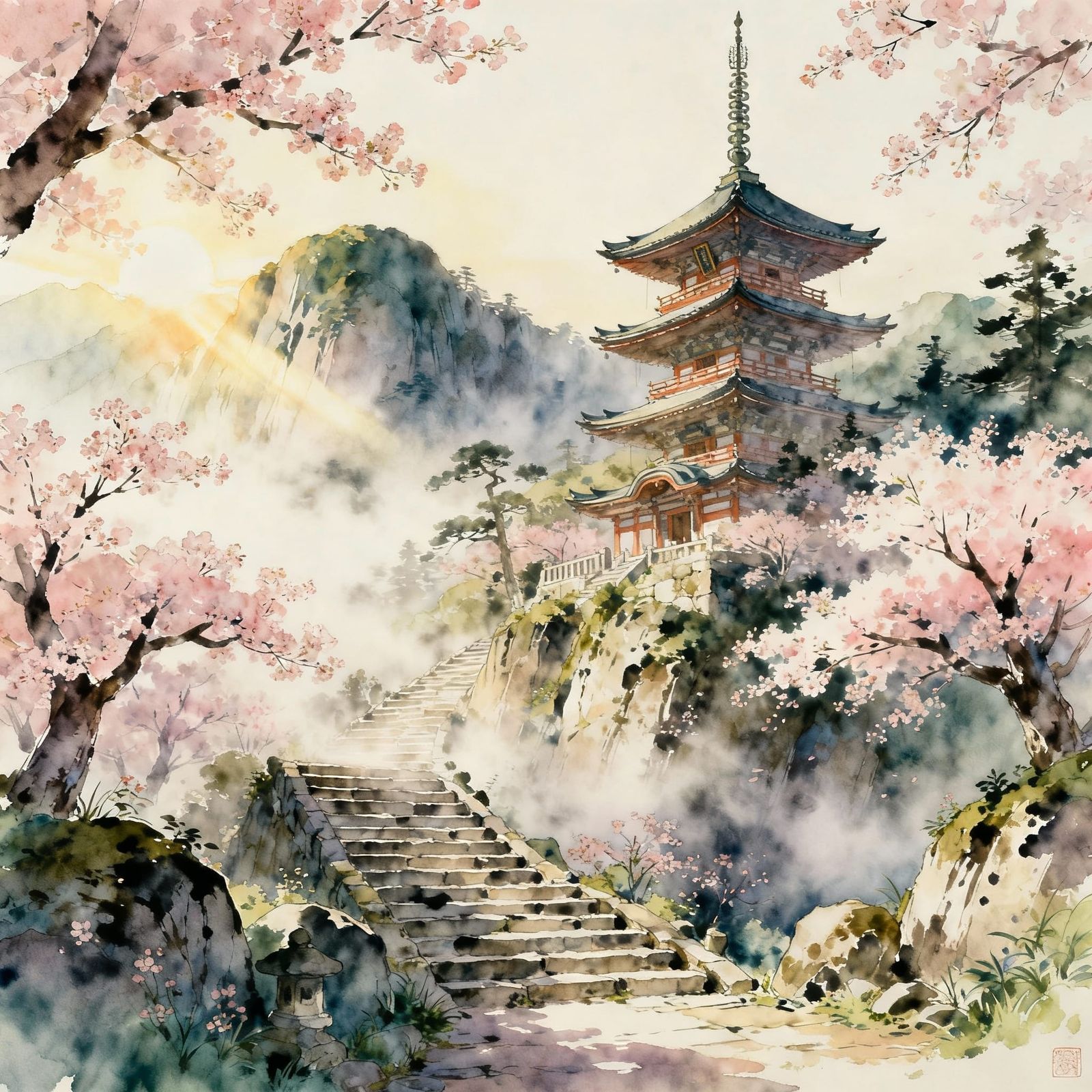 Japanese Mountain Temple with Cherry Blossoms in Watercolor ...