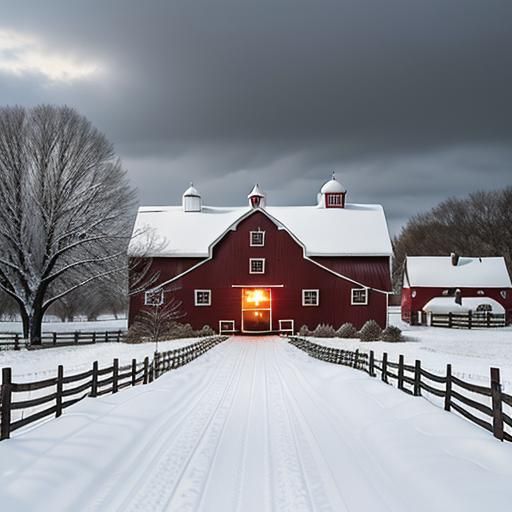 Winter Farmhouse Scene with Christmas Decorations