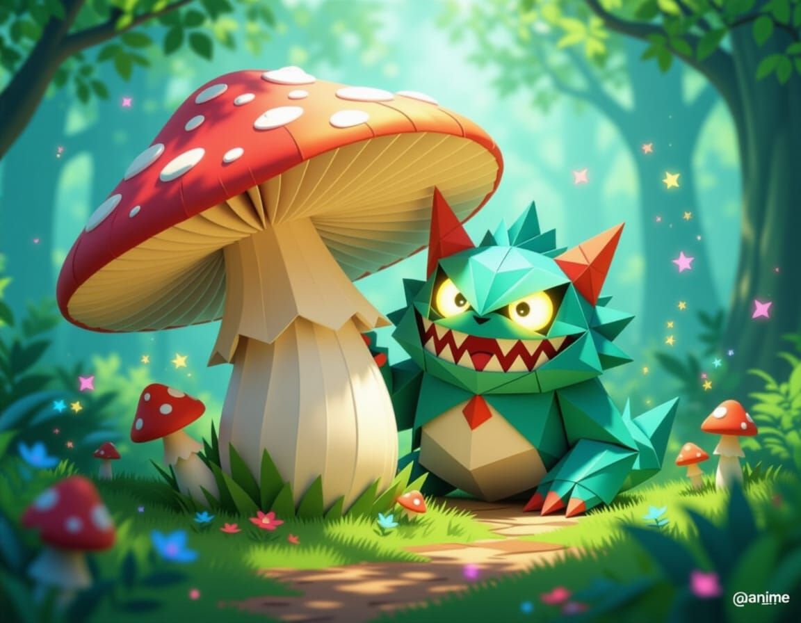 Whimsical Origami Monster in Enchanted Forest