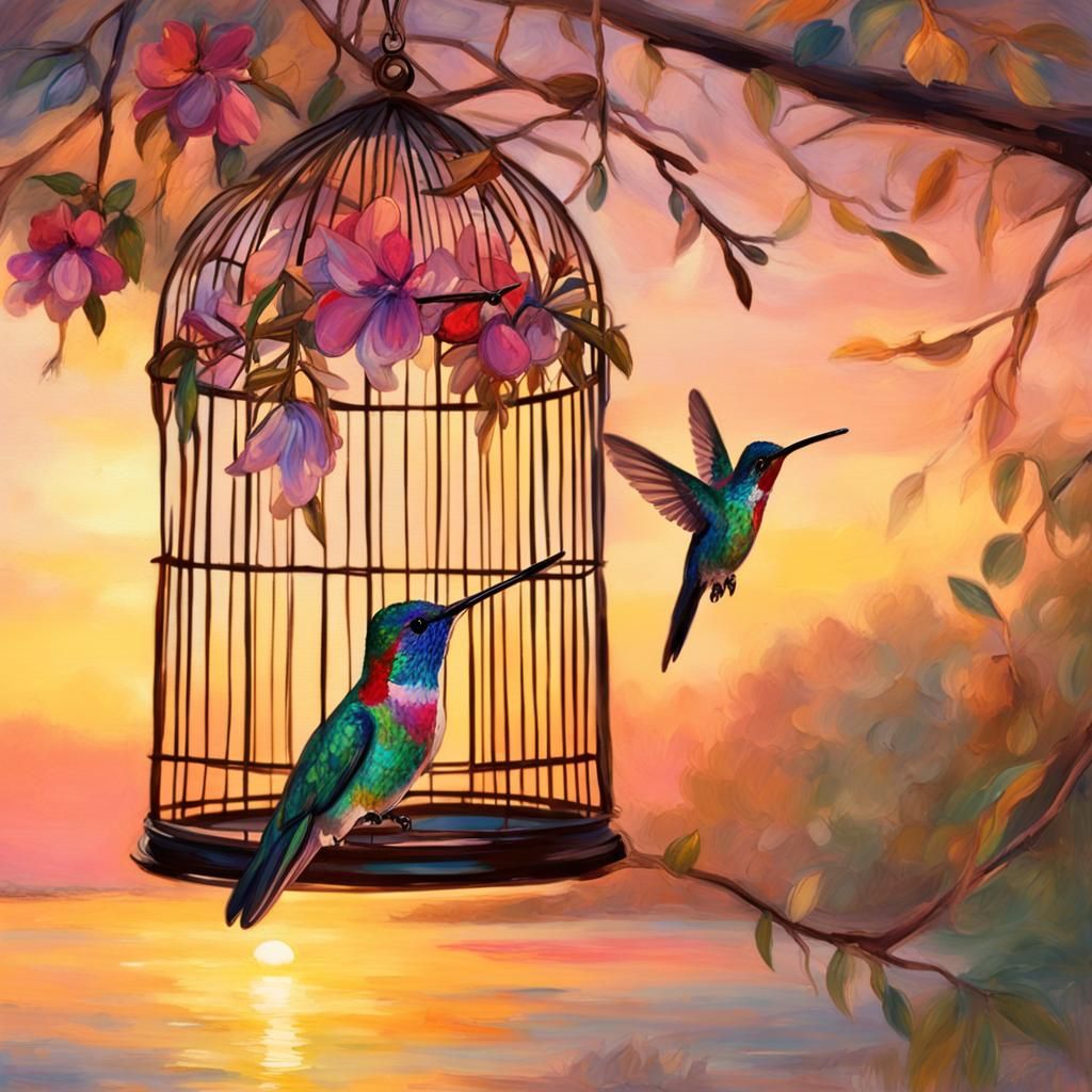 a brilliant colored hummingbird trapped in a cage hanging from a tree, keys dangle from the branches sunset in the backg...