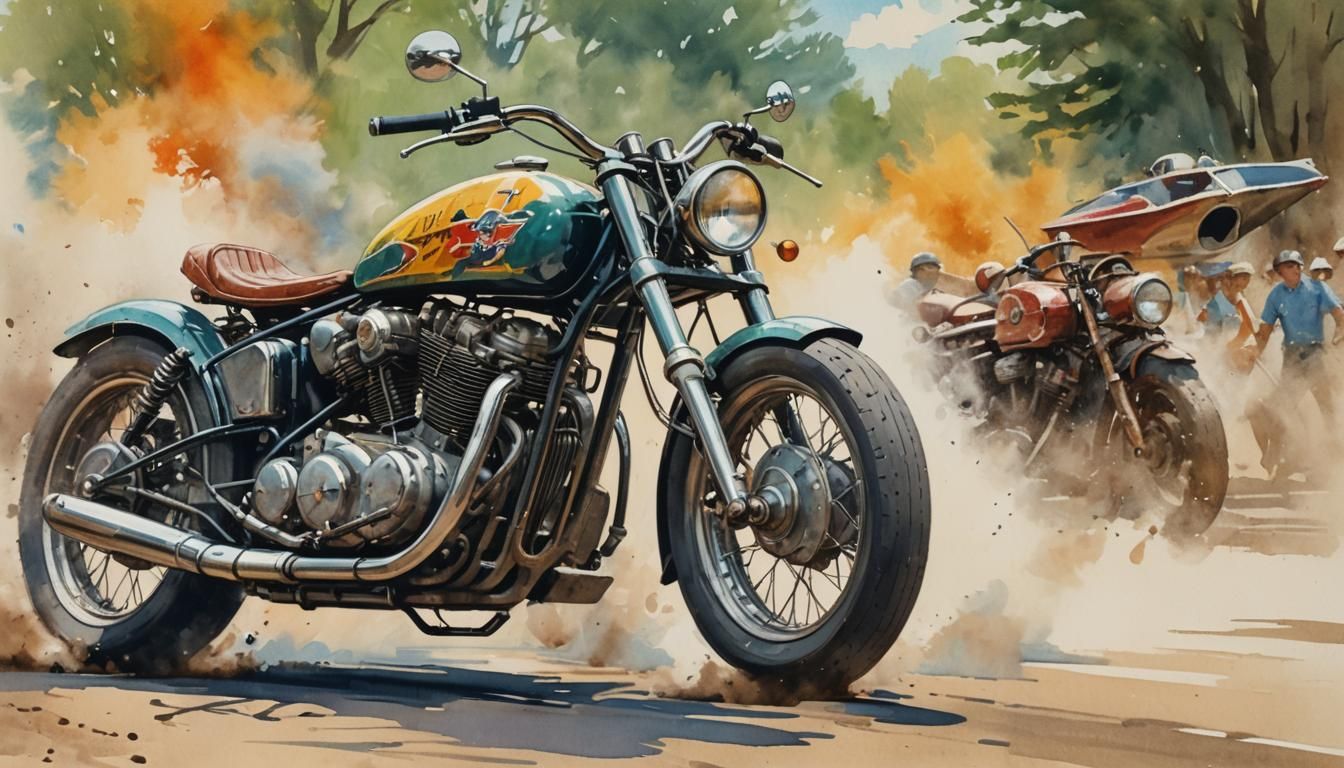 1950s Hotrod Motorbike Race in Gouache Style