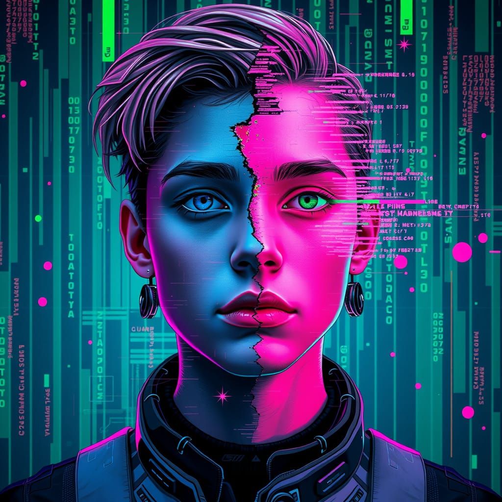 Futuristic Figure in Digital Disarray: Neon Noir Art