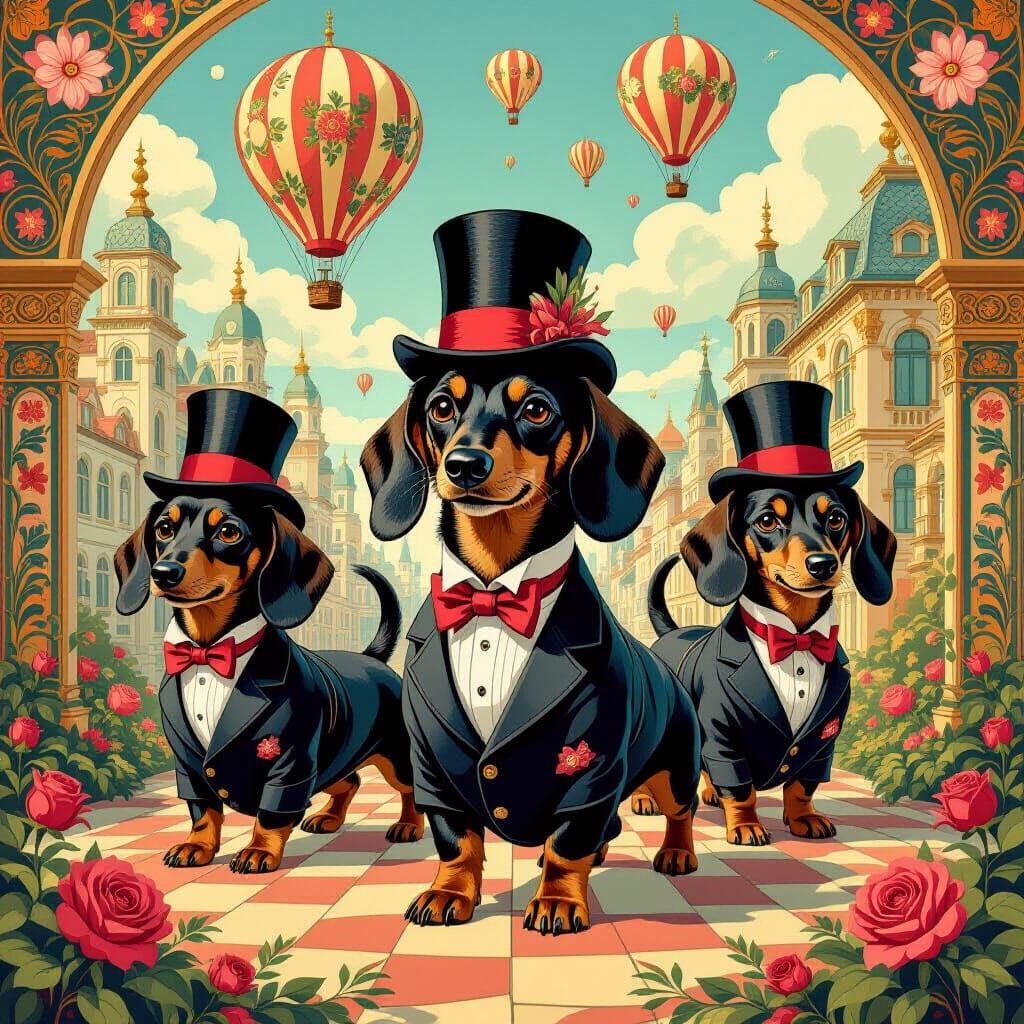 Dachshunds in Art Nouveau Cityscape as Painterly Art