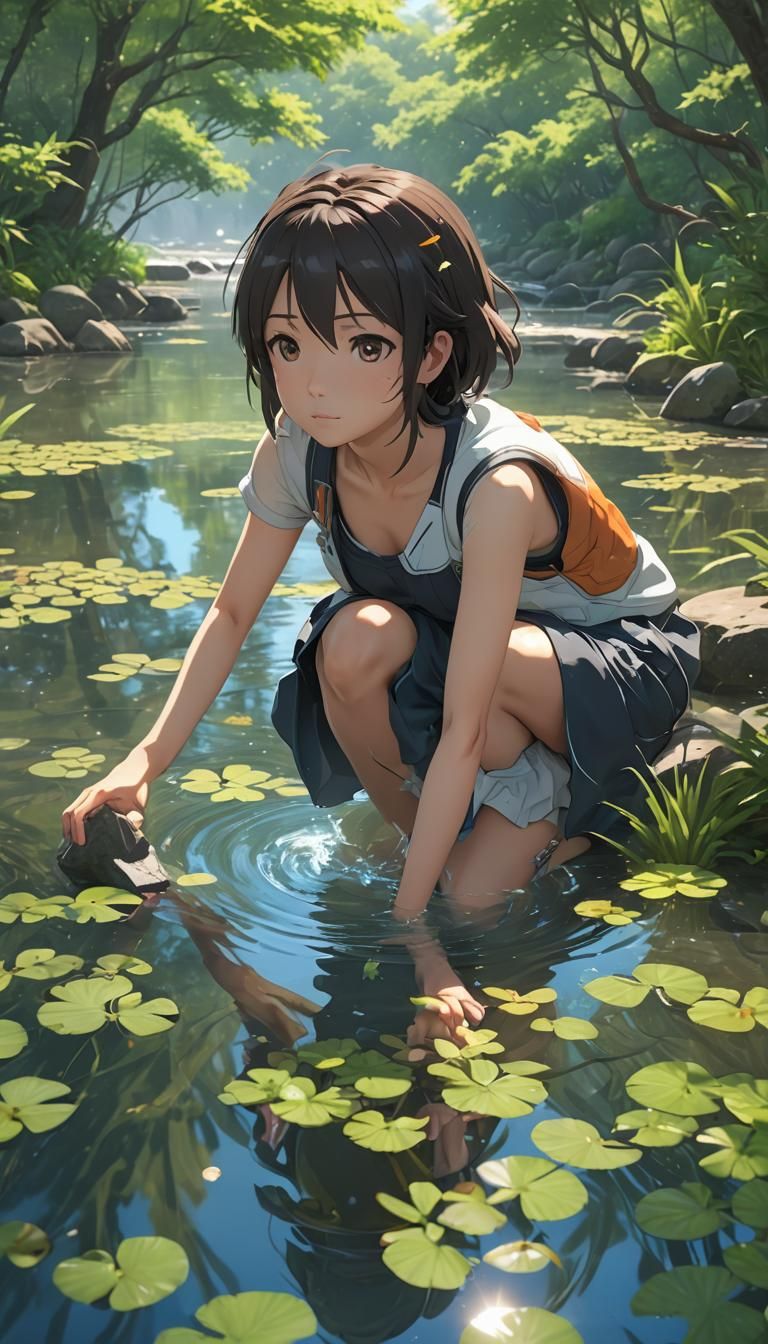 Anime Girl in Meadow, 3D Rendered Art