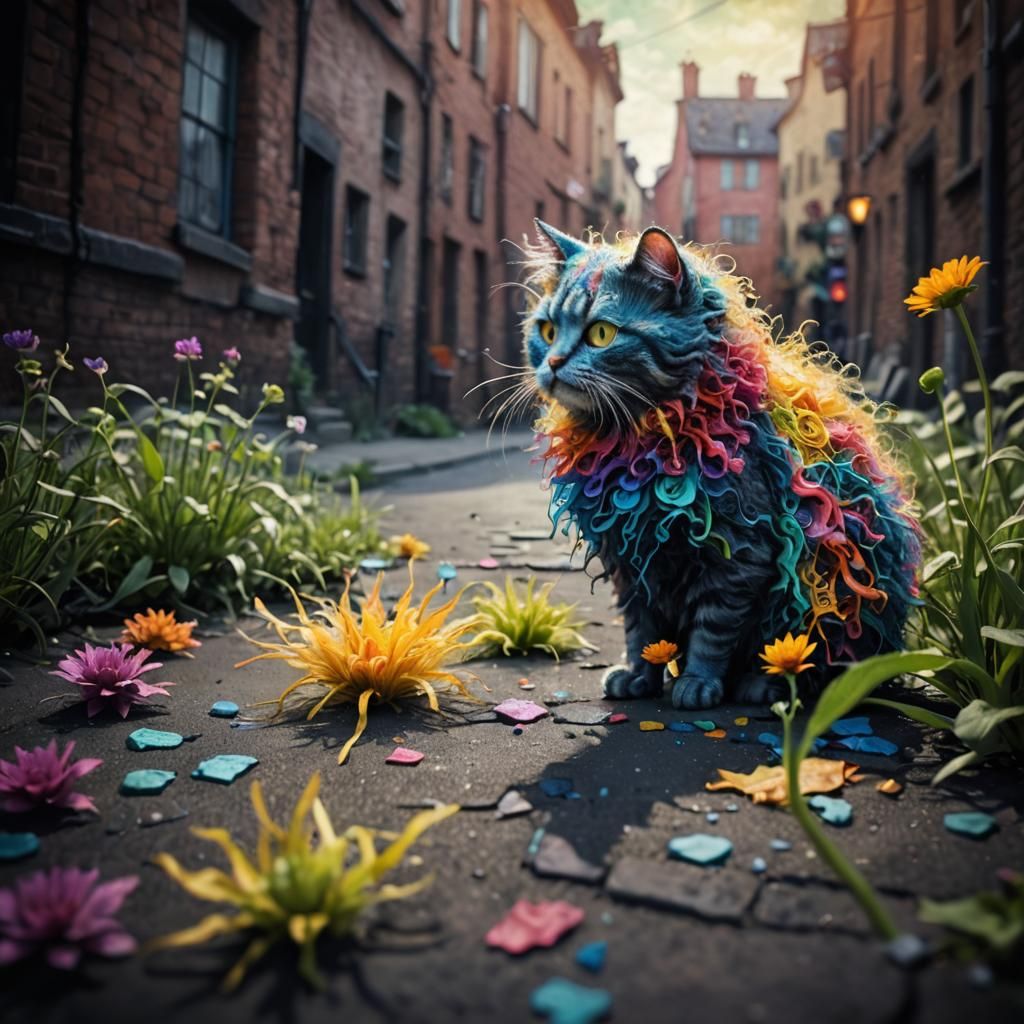 Humorous Burtonesque Cat in Impressionistic Chalk Art