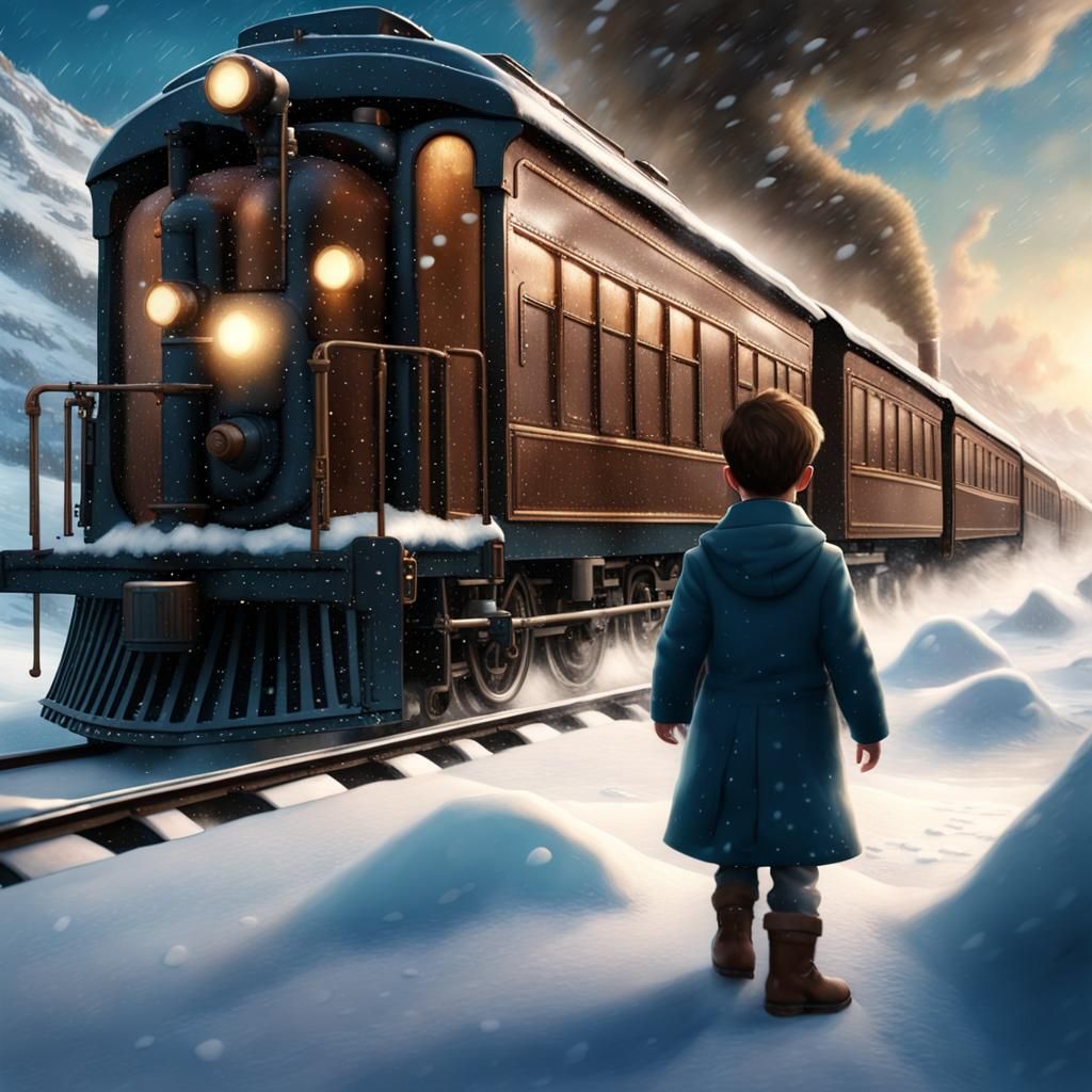 Boy on Polar Express in Winter Snow, Detailed Matte Painting