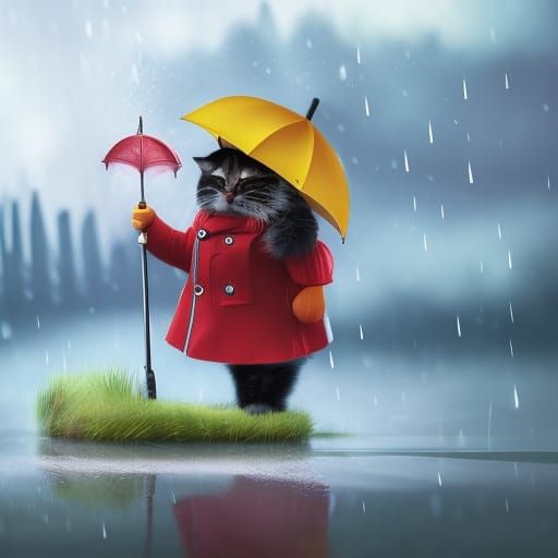 Cute Cat in Raincoat with Umbrella, Digital Art
