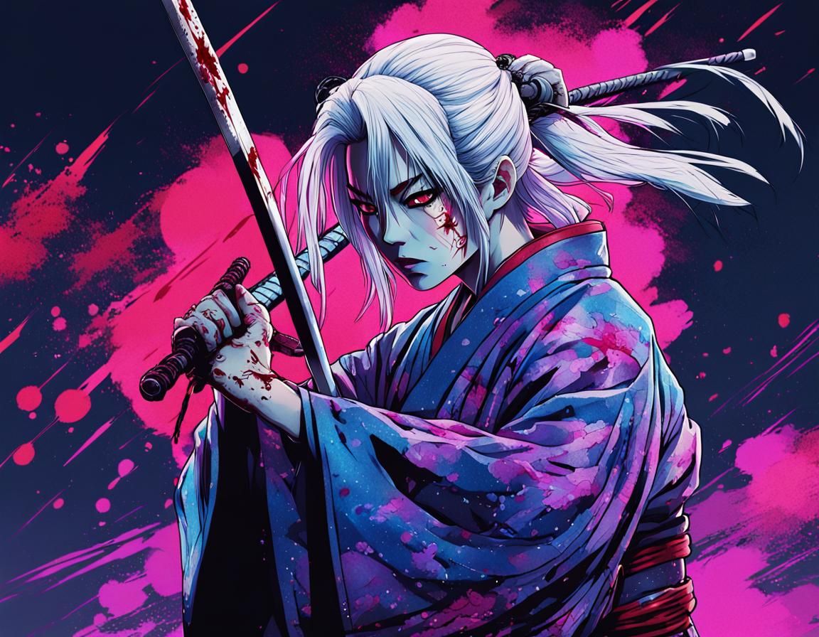 Cyberpunk Anime Samurai in Neon Cityscape