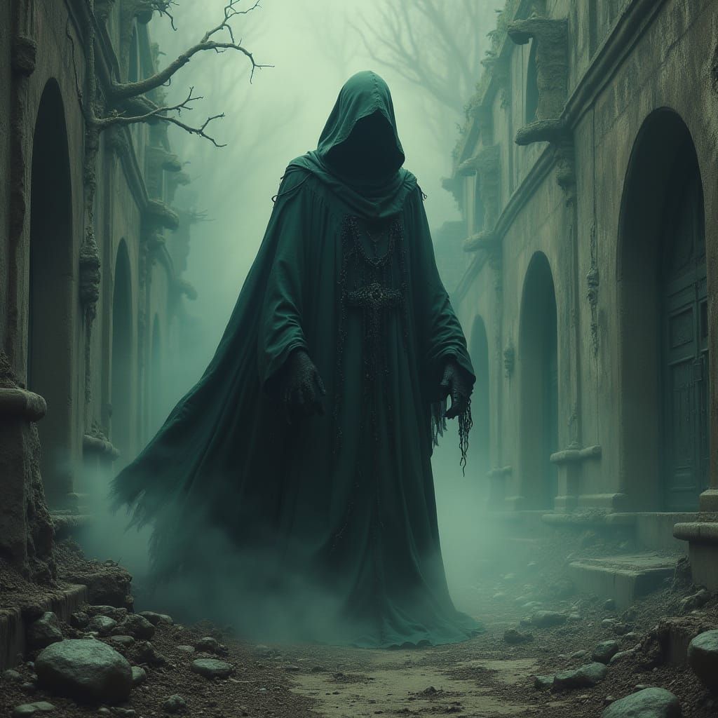 Dark Sorcerer in Haunting, Gigeresque Cemetery Scene