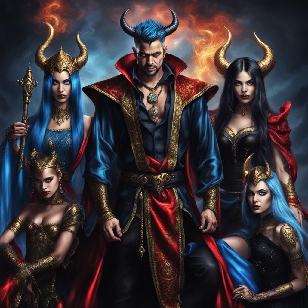 Sorcerer with Demon Harem in Gothic Style