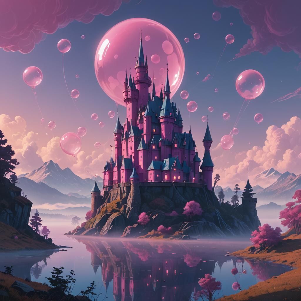 Pink Bubble Castle Floating in Misty Air