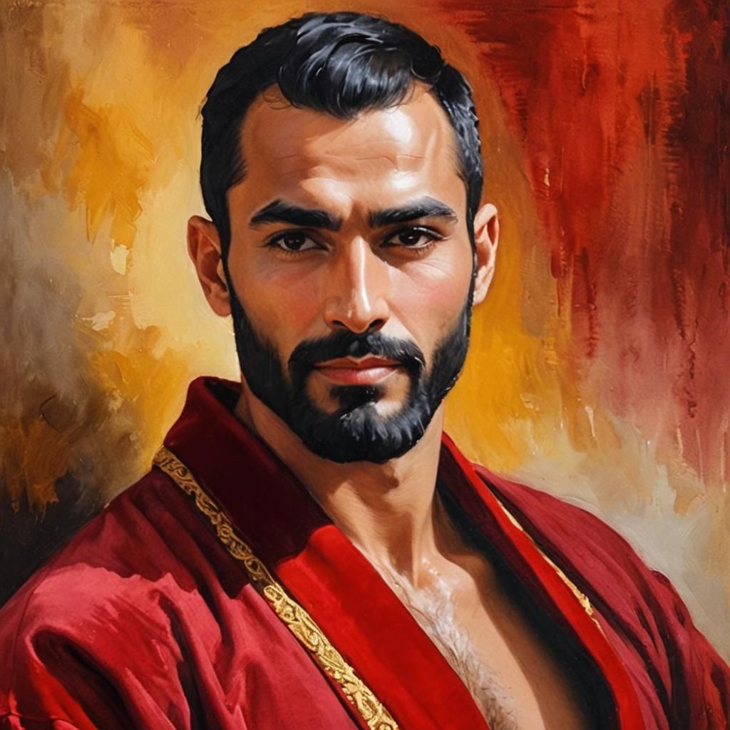 Joyful Man in Red Velvet Bathrobe as Impasto Painting