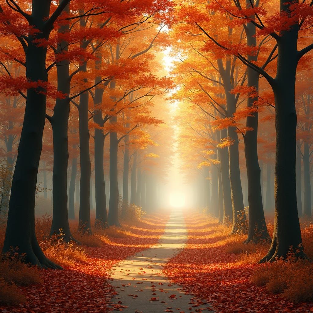 Autumn Forest Path with Sunlight, Impressionistic Style