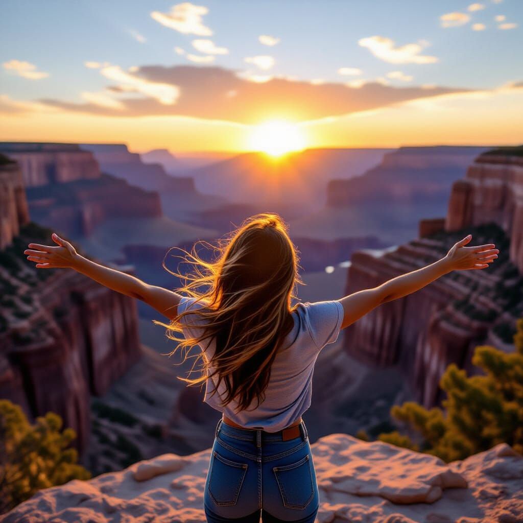 Woman Embraces Freedom in Grand Canyon Sunset
