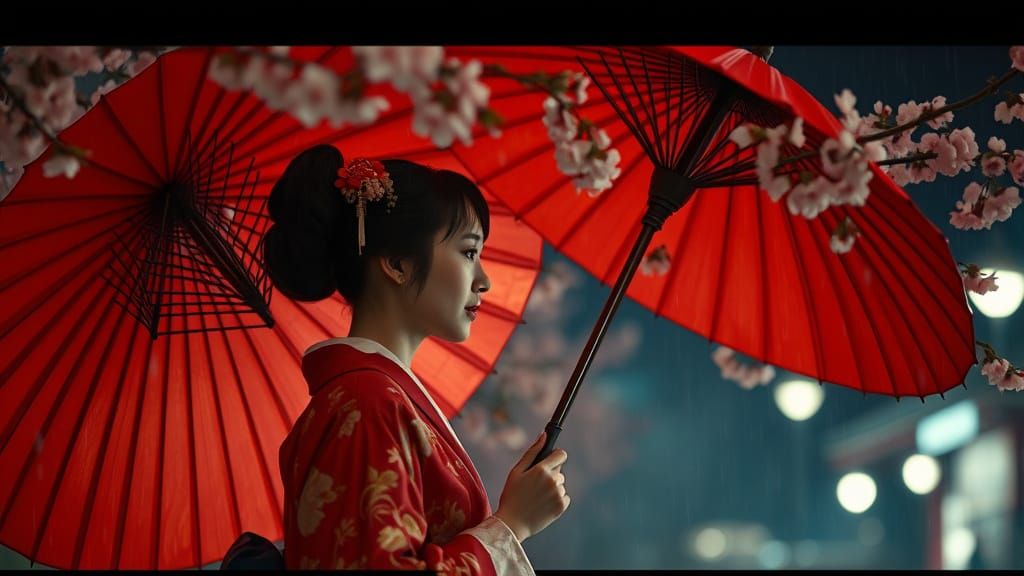 A GEISHA Under Cherry Blossoms in the Rain