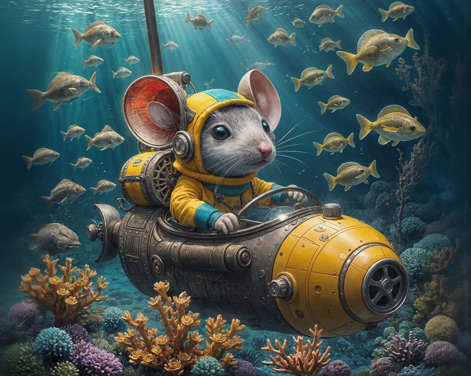 Cute Mouse in a Funny Submarine, Hyperrealistic