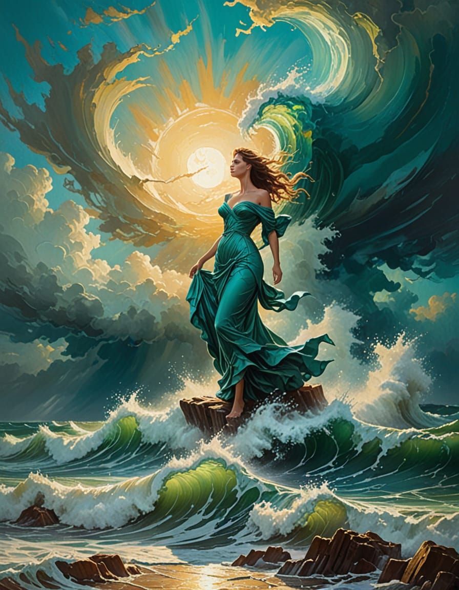 Stormy Sea Goddess Under Golden Moonlight