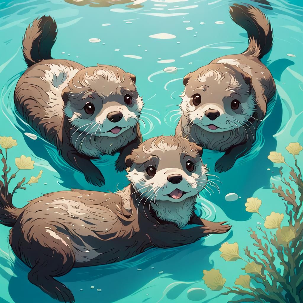 Cute Otter Couple in Anime Key Visual Style