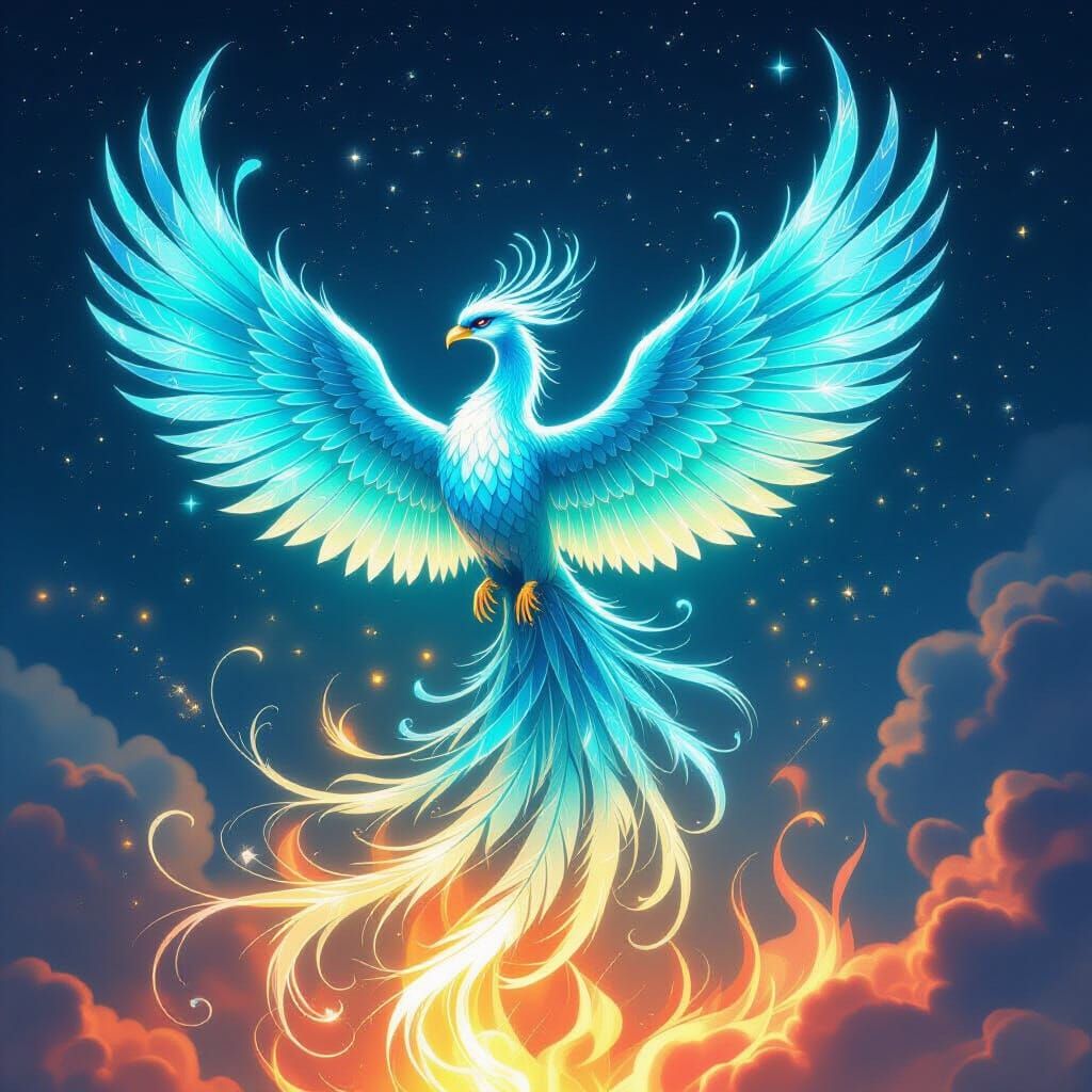 Aquamarine Phoenix Ascends in Luminous Digital Art