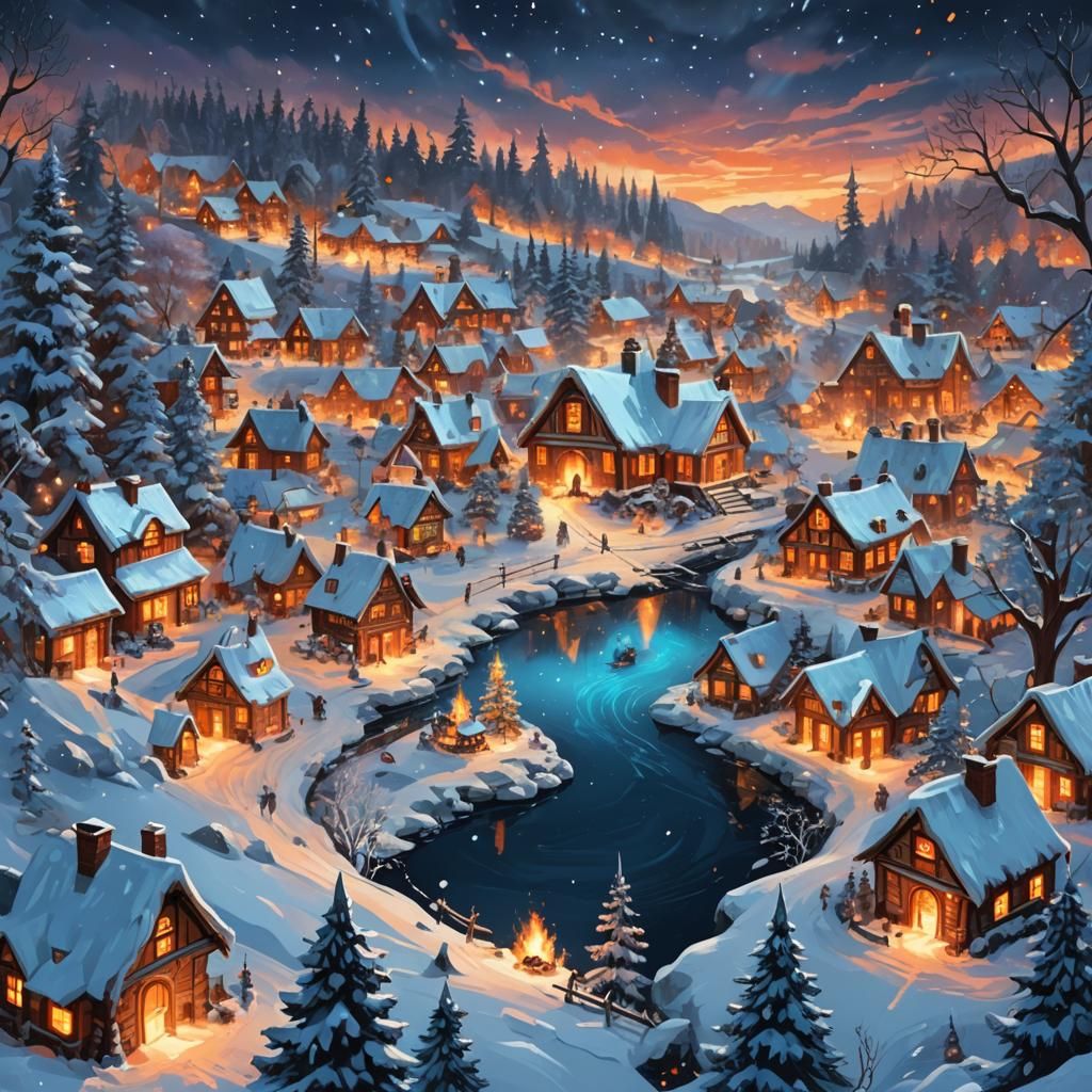 Surreal Christmas Village Bonfire in Matte Painting Style