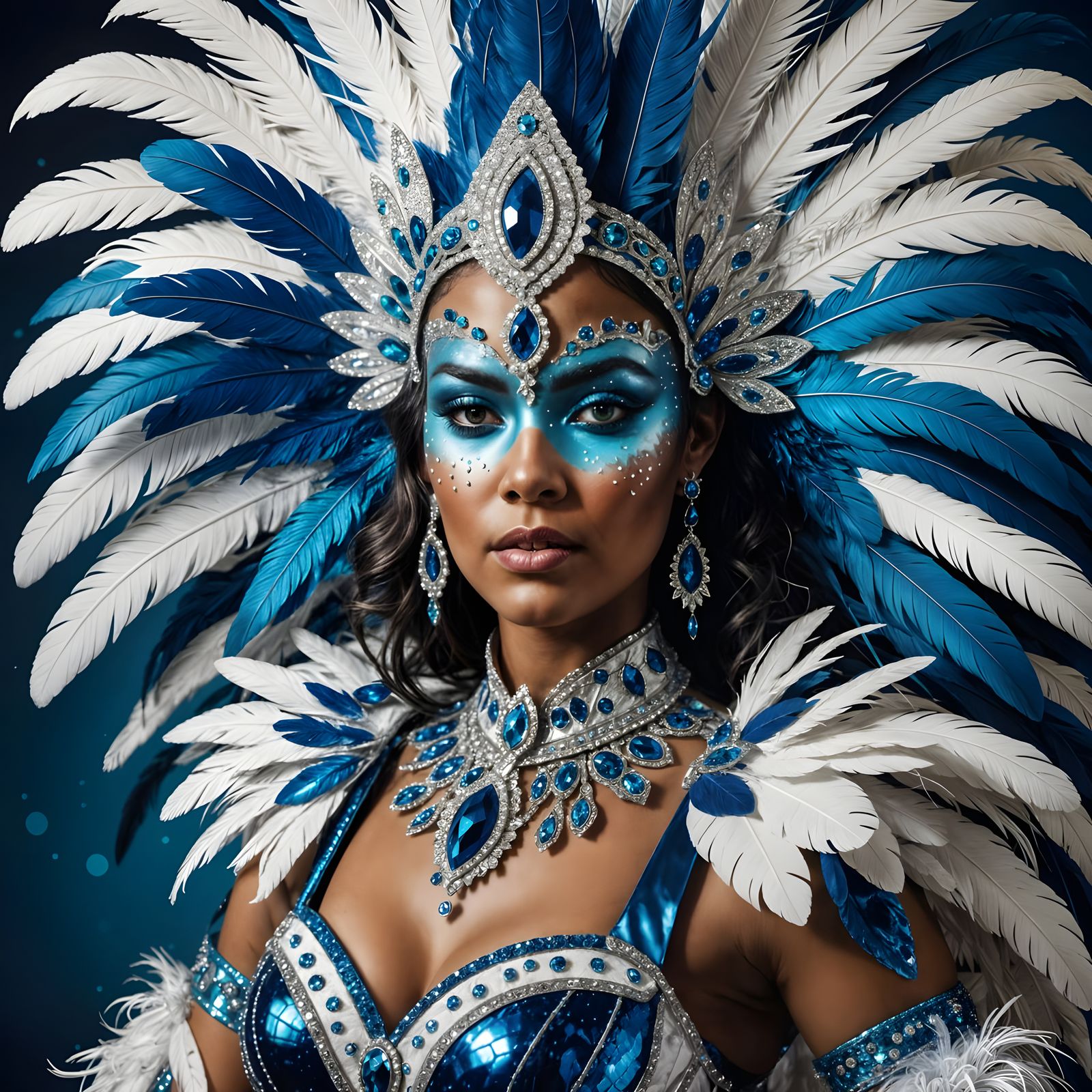 Hyperrealistic Carnival Goddess in Metallic Blue and White