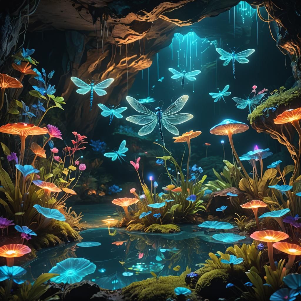 Bioluminescent Cave Pool with Neon Flora
