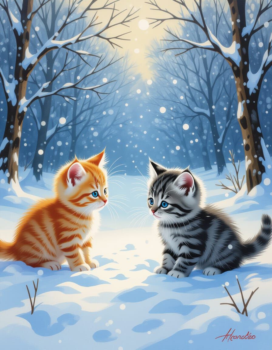 Cute Kittens Play in Snowy Park in Graffiti Art Style